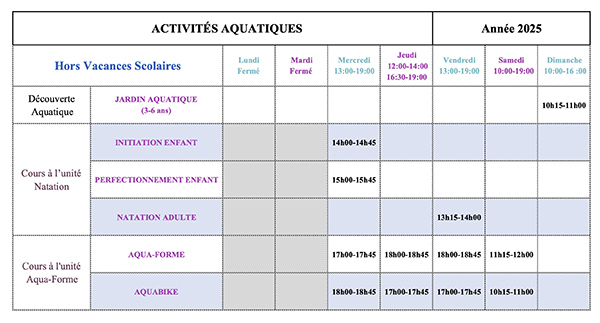 Planing piscine hors vacances VDB