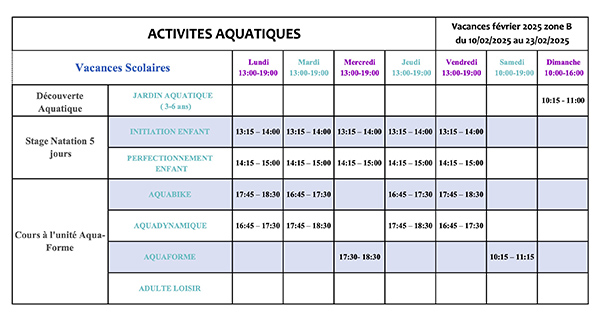 Planning piscine vacances Fevrier VDB